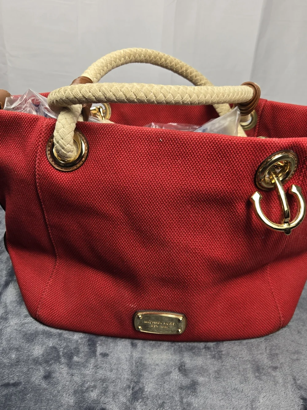 Michael Kors Red Canvas Tote with Rope Handles and Gold Hardware